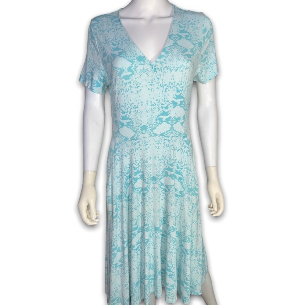 FRESH PRODUCE Coastal Faux Wrap Dress Teal Aqua Blue Reptile Snake Skin Print M - Picture 3 of 9